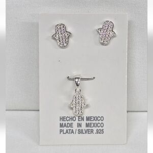 Set Mano de Fátima Plata 925 Sterling Silver Pendant Necklace & Stud Earrings CZ